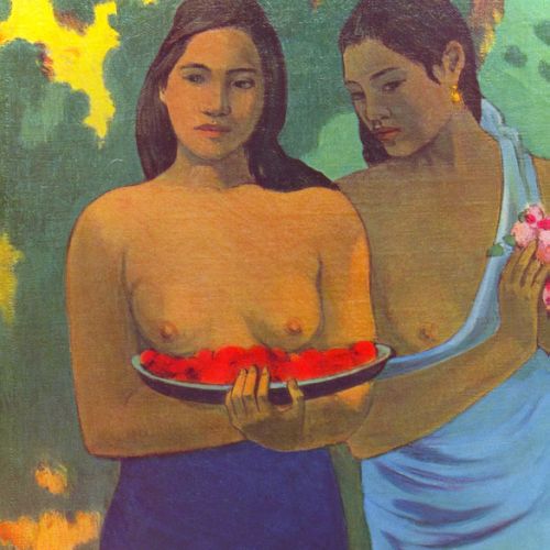 Commission a portrait from a photo: Two Tahitian Women with Red Flowers on Their Breasts by Paul Gauguin