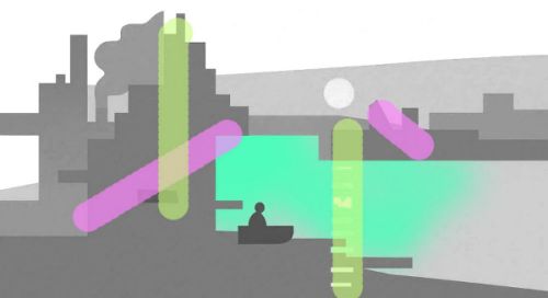 A shadow on the left and a luminous column on the right frame the second focal point: the boat