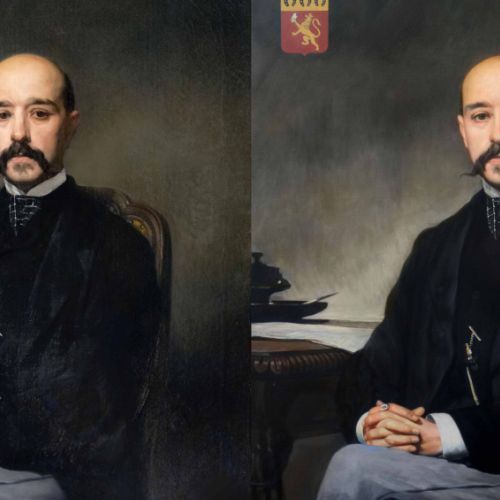 Nobleman with coat of arms — original and copy compared side by side