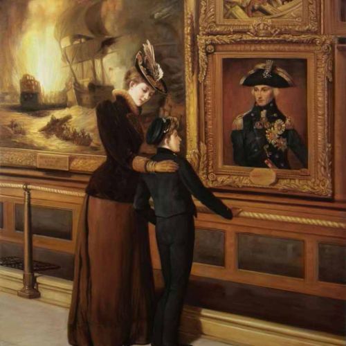 Museum scene, two visitors before paintings