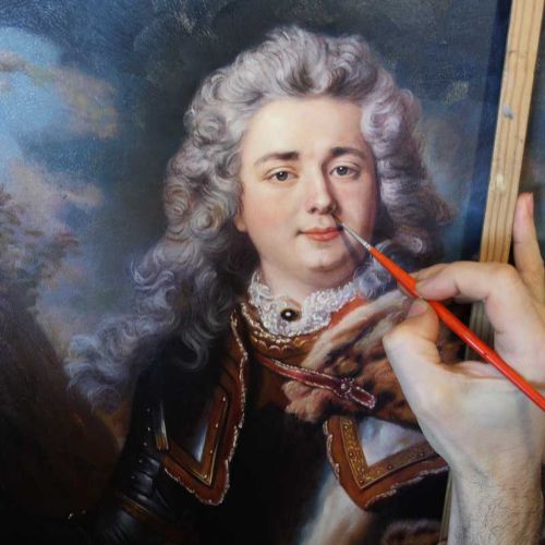 Artist at work — painting a reproduction in progress