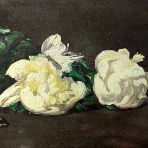 Still life — full view of the oil reproduction with white roses