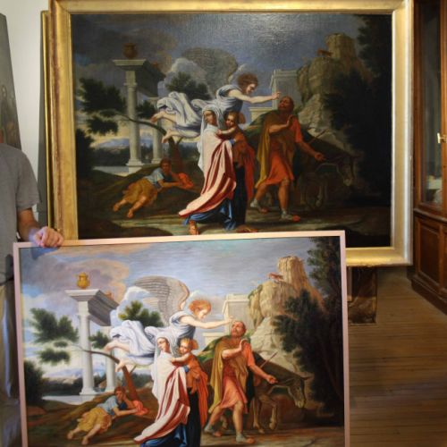 Museum painting — original and faithful hand-painted copy side by side