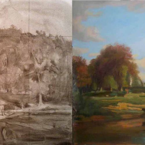 Painting demonstration: drawing and first washes on canvas