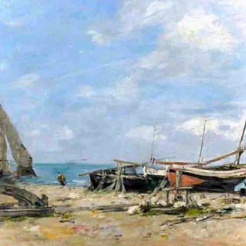 Faithful copy of Etretat, Fishing Boats on the Beach and Cliffs by Eugène Boudin, oil painting