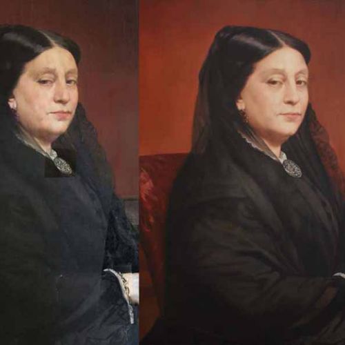 Lady framed at the waist — classical portrait reproduction in oil