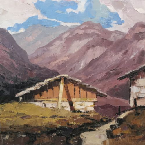 Palette knife painting, landscape worked with texture and thickness