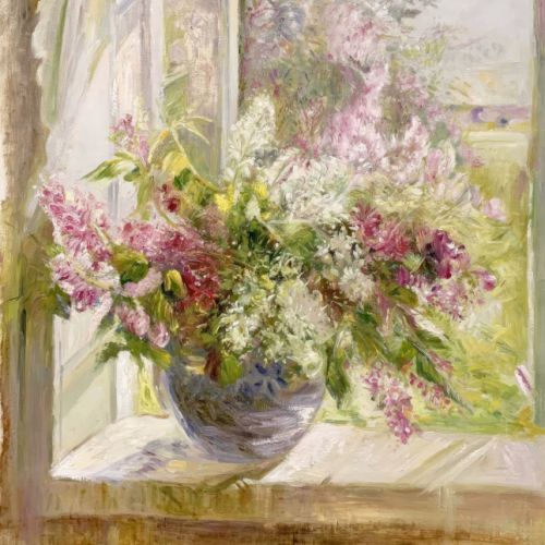 Textured painting representing a bouquet, with visible brushstrokes