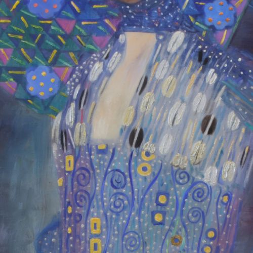 Detail of hand-painted motifs, visible colors and brushstrokes, Klimt painting reproduction