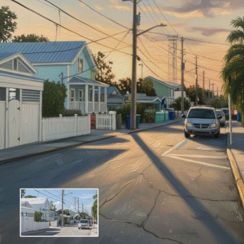 Oil painting of a street created from a photograph, with artistic interpretation