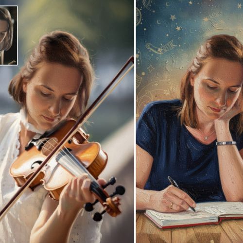 Painted portrait based on a photo showing the same woman interpreted as a violinist and then as a writer, with two distinct pictorial styles