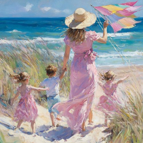 Family beach scene, a mother and her children walking toward the sea with a kite, interpreted in paint from a personal image