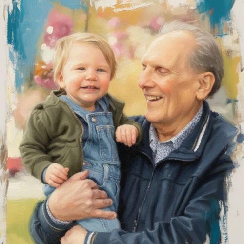 Oil-painted memory of a grandfather holding his grandson, pictorial interpretation from a photograph