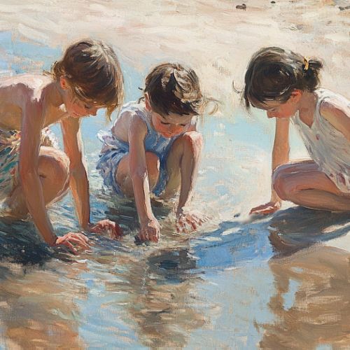 Painting of three children playing by the sea, pictorial interpretation of a family scene based on a personal image