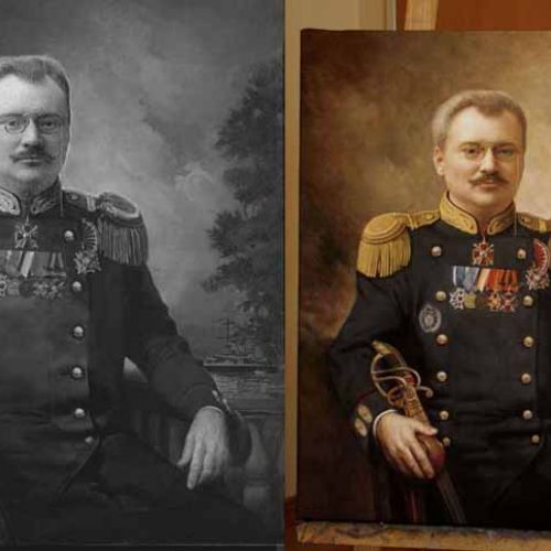 Before / after — old photo transformed into an oil portrait