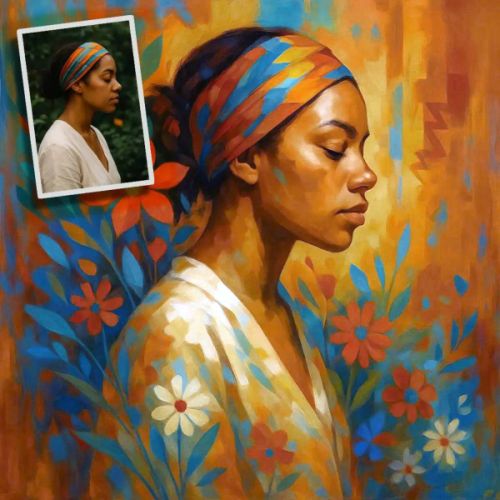 Personalized female portrait — redesigned décor, harmonized palette, original oil painting