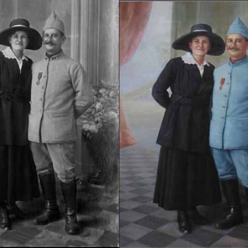 Early 20th-century couple — colorization and oil portrait from old photo