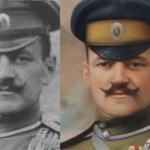 Military officer — before/after: B&W photo and color painting