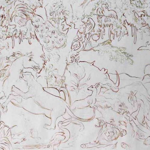 Sketch on blank canvas — first step of a classical oil painting