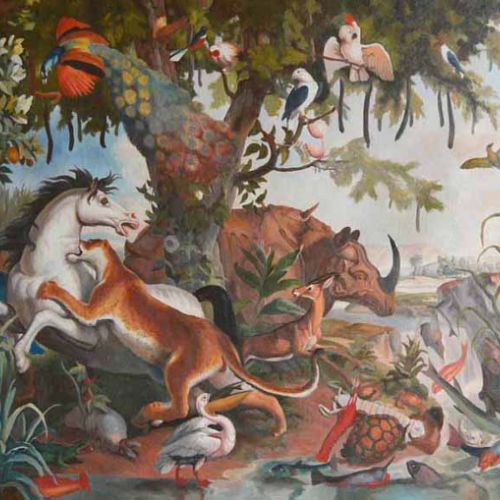 Intermediate stage — first layers of color applied in oil on canvas