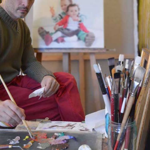 Studio near Versailles — preparing colors, academic oil-painting work