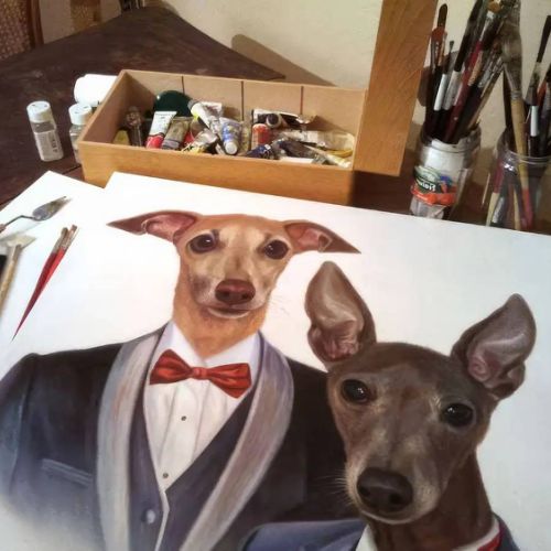 Humorous animal portrait — dog in period costume, personalized oil painting