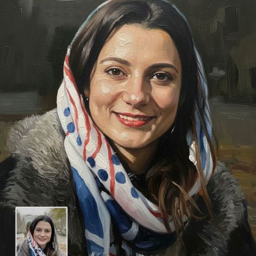 Oil portrait of a woman painted from a photograph, with pictorial interpretation and reworked background