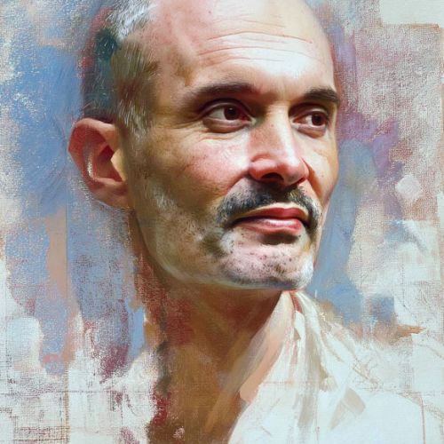 Portrait of a man painted from a photo, with a gradual transition toward a more pictorial rendering