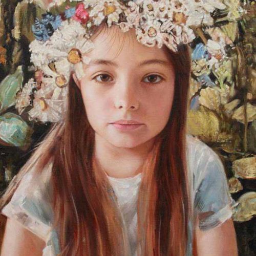 Young girl — portrait adorned with flowers, personalized oil painting