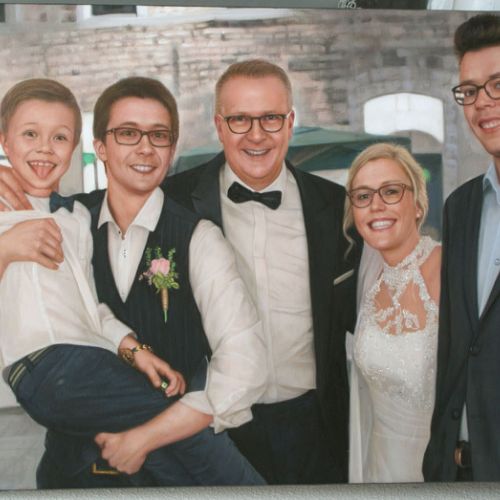 Family portrait — parents and children painted in oil from photo