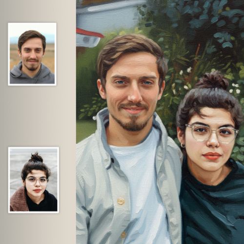 Painted portrait of a couple brought together in a single artwork, based on photos, with pictorial interpretation and a suggested garden background