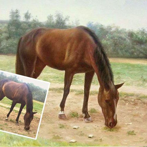 Horse portrait — grace captured in oil, peaceful countryside background