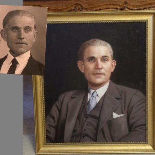 Old photograph — ancestor portrait reinterpreted in oil, with customized costume and details