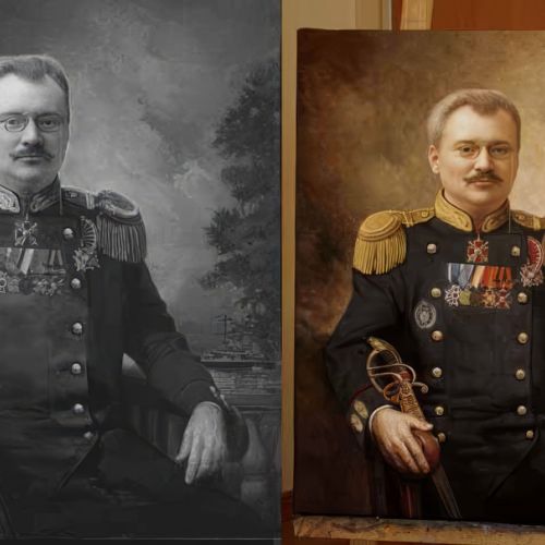 Before / after — old photograph reworked and transformed into an oil portrait