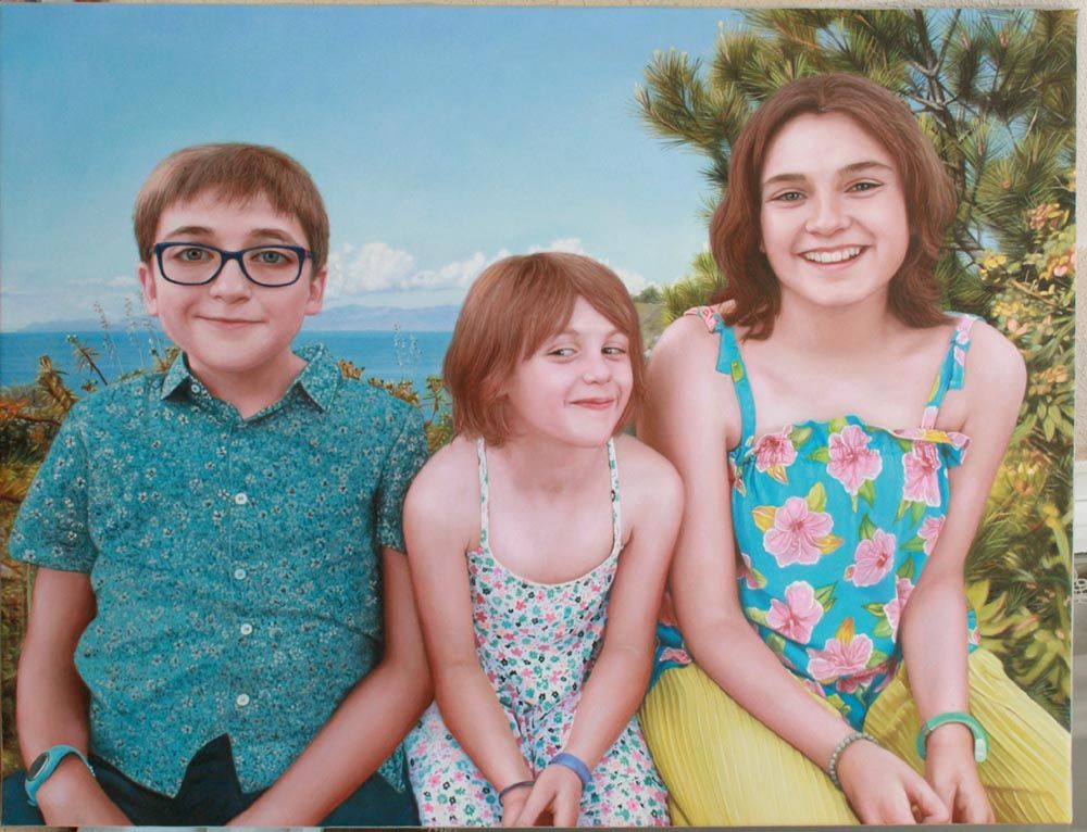 Portrait de famille peint à la main d’après photo, composition avec enfants et parents