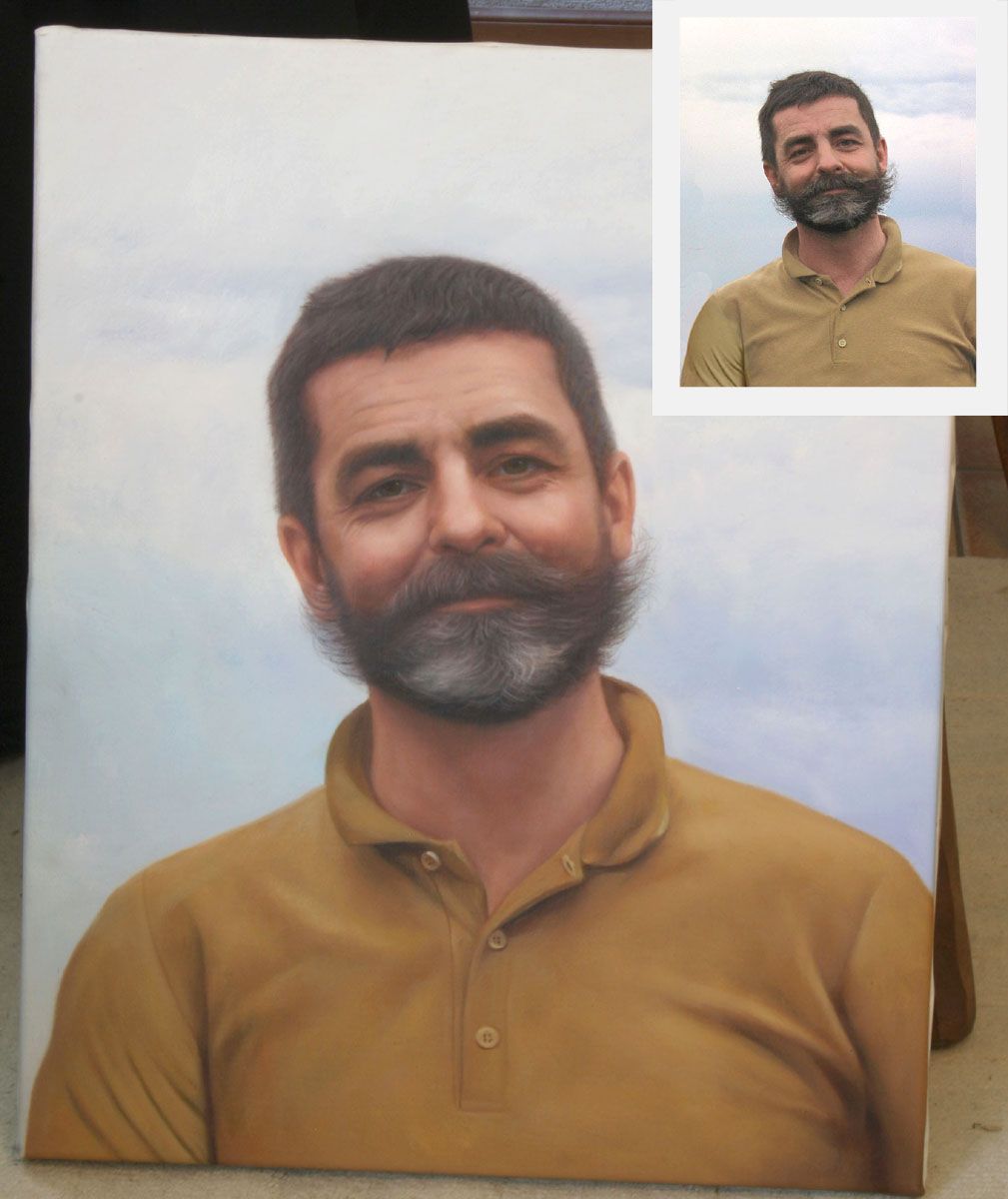 Portrait peint à l’huile d’après photo, représentation réaliste d’une personne sur toile